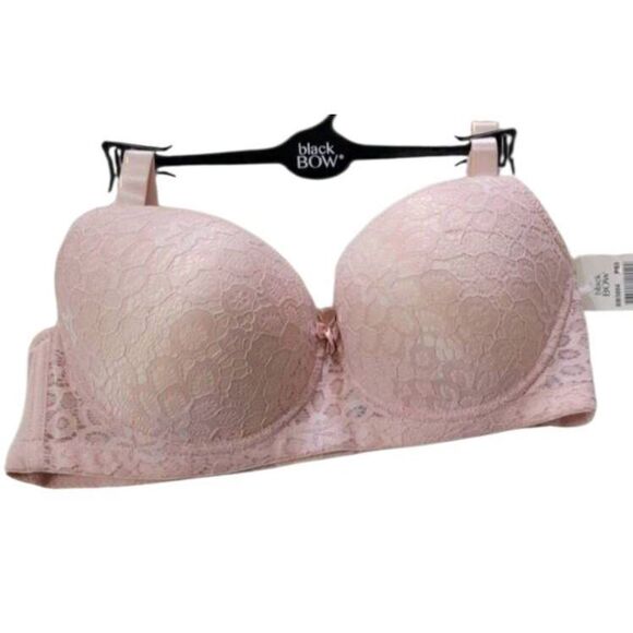 Black Bow Sz 38C Soft Pink Underwire Lightly Padded Lace Bra New - Picture 1 of 8